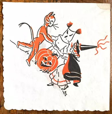 Vintage Crepe Paper Halloween Napkin ~ Children In Halloween Costumes Dancing • $6