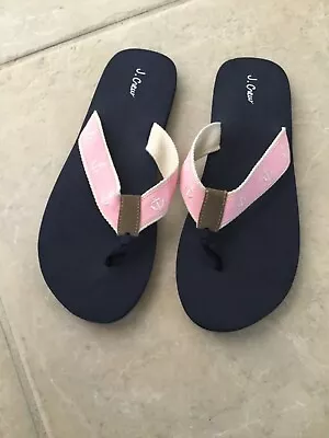 J. Crew Thong/Flip Flop Sandal Womens 8~Black~Pink Ribbon With Anchors~Great • $7.50