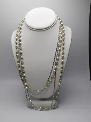 J428-vintage Necklace~multi Strand~faux Pearls/silver Chains~48  Long • $7