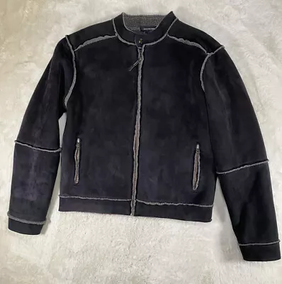 Calvin Klein Jacket Men's L Faux Suede Shearling Sherpa Coat Moto Zip Black Gray • $21.31