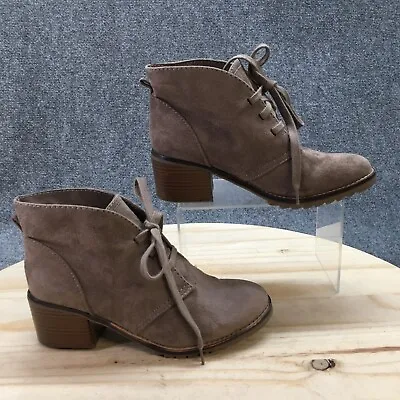 Merona Boots Womens 6.5 Lace Up Ankle Bootie Brown Faux Suede Block Low Heels • $34.99