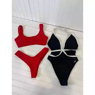 Free Society & Zaful Red High Cut 2 PC & Black 1 PC Swimsuit Bundle Size M • $24