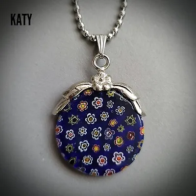 Blue Daisy Flower Glass Lampwork Millefiori Pendant Silver Necklace Gift Her  • £5.20