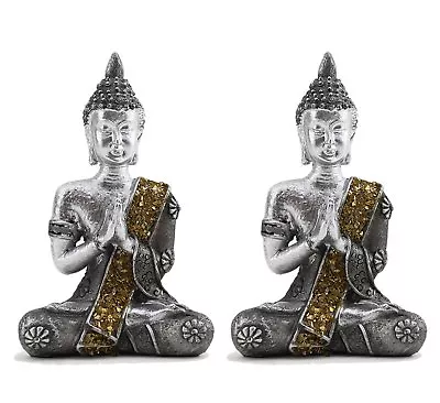 Pair Of Feng Shui 4  Thai Earth Touching Meditating Silver Buddha Statues • $13.99