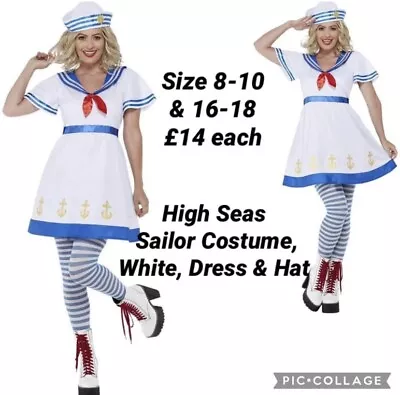 Ladies High Seas Sailor Nautical Fancy Dress Costume Dress & Hat Size 8-10 • £14