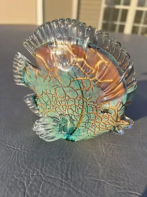 Murano Style Art Glass HAND BLOWN ANGEL FISH Figural Aqua Multicolored 6” Tall • $15
