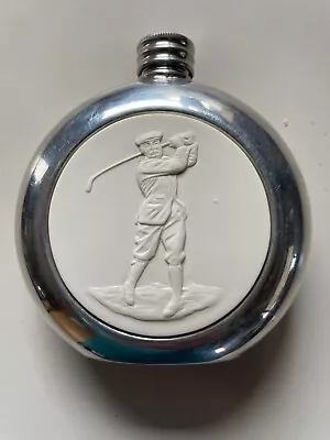 Vintage Pewter Hip Flask From Sheffield England With White Scrishaw Of Golfer • $40