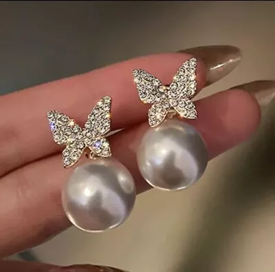 Fashion New Classic Elegant Exquisite CrystalButterfly Pearl Earrings For Women • £5.09