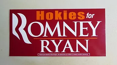 Mitt Romney 2012 Virginia Tech Bumper Sticker Campaign Political • $0.99