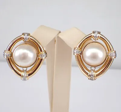 Vintage Estate Mabe Pearl And Diamond Earrings Large 14K Yellow Gold Omega Clasp • $2795