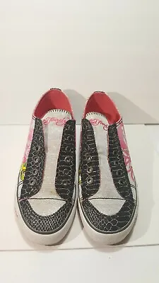 Women’s Don Ed Hardy Designs Canvas Sneakers Shoes Pink Silver Black. Birds Sz 8 • $59.99