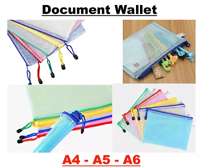 Document Wallet Mesh Folder Case Plastic Pockets Pouch Zip Lock Bags A4 A5 A6 • £3.39