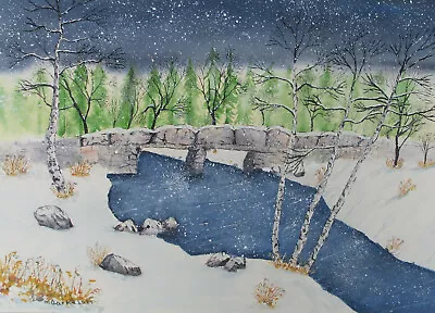 New Watercolour Painting Art Leather Tor Bridge In The Snow Down Dartmoor Devon • £19