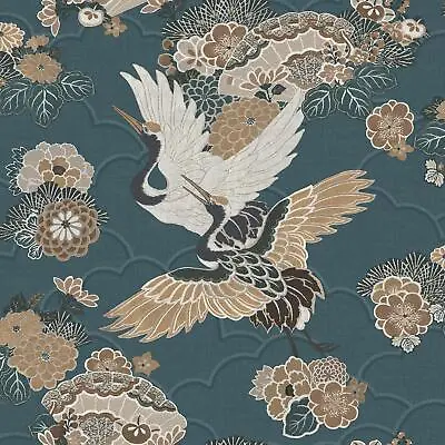 £12.99 • Buy Green Kyoto Crane Wallpaper Textured Oriental Japanese Birds Floral Yellow