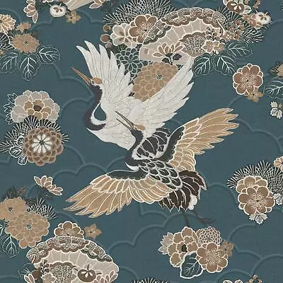 Green Kyoto Crane Wallpaper Textured Oriental Japanese Birds Floral Yellow • £12.99