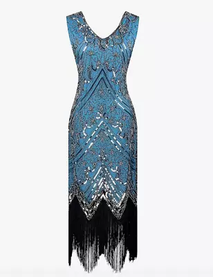 Fundaisy Flapper Dress Womens XXL Blue Silver Retro 1920's Gatsby V Neck Lined • $22.49