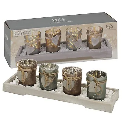 Home Decor 4 Tea Light Holders With Modern Wood Tray Mantle Display Gift Set • £8.99