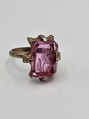 Vintage Gold Tone Pink Glass Intaglio Flower Ring Size 6 Adjustable • $22