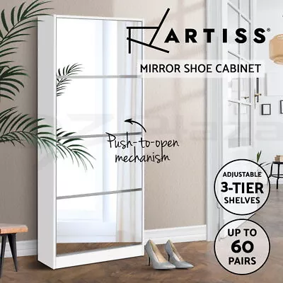 $152.95 • Buy Artiss Shoe Cabinet Mirror Shoes Storage Rack Organiser 60 Pairs Cupboard Shelf