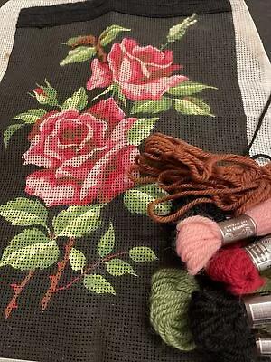 Tapestry Kit Red Roses Part Done With Wool  34x23 • £5