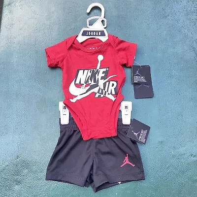 Nike Air Jordan Baby 2 Piece Set Bodysuit & Shorts Red Black 0-3 Months BNWT • £19.99