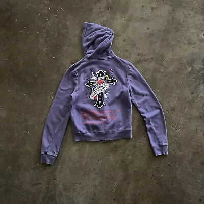 Y2K Ed Hardy Purple Cross Tattoo Flash Zip Hoodie Womens M Medium • $54