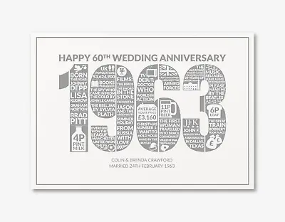 £3.95 • Buy Personalised 60th Wedding Anniversary Card / Diamond / Married In 1963 Facts