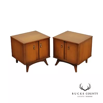 Mid Century Modern Pair Of Walnut Cabinet Nightstands • $1095