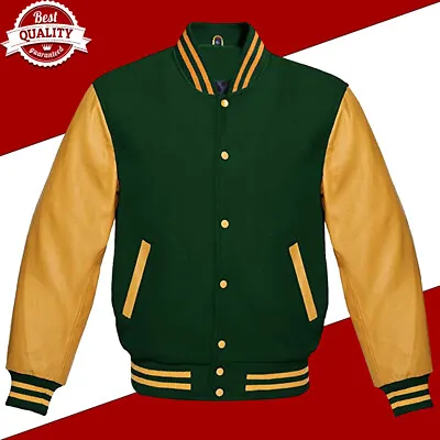 £74.99 • Buy College Bomber Baseball Varsity Jacket Forest Green Wool & Gold Leather Sleeves
