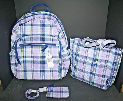 Vera Bradley Amethyst PLAID Campus Backpack & Lunch TOTE  & ZIP ID LANYARD  NWT • $112.50