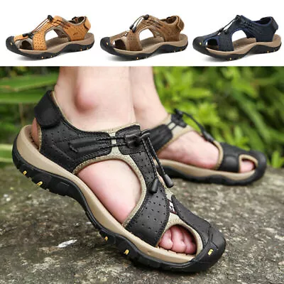 Mens Summer Sandals Outdoor Walking Hiking Close Toe Beach Leather Shoes Size UK • £17.86