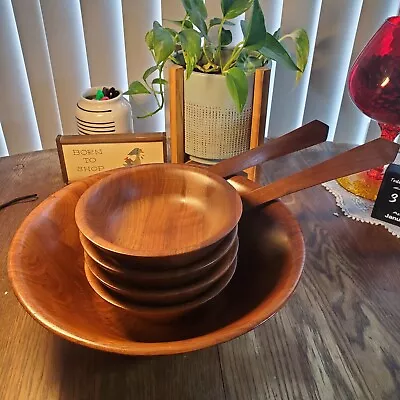 Burl Walnut Wooden Salad Bowl Set Dark Hardwood Billings Missouri MCM 12” #14 • $45.99