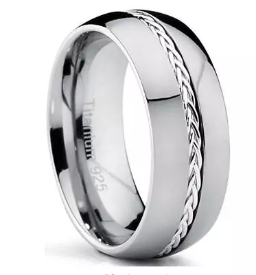 8mm Mens Titanium .925 Sterling Silver Braid Inlay Engagement Wedding Band Ring • $41.40