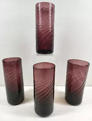 4 Mexican Handblown Swirl Optic Purple Amethyst Tumblers Set Vintage Glasses Lot • $49.67