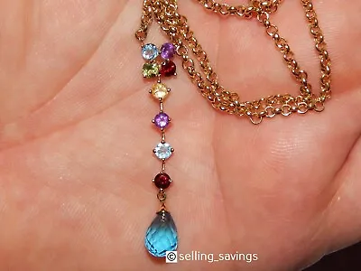 10k Yellow Gold 2.20 Tcw Multi Gemstone By The Yard Rolo Lariat Necklace 17 Inch • $365