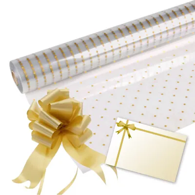 £0.99 • Buy Gold Dot Cellophane Gift Wrap Birthday Fathers Day Hampers + Pull Bow & Bow Card