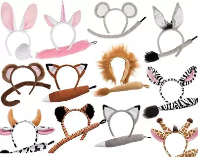 Animal Ears Headband & Tail Safari Fancy Dress Costume Set Mens Ladies Outfit • $45.03