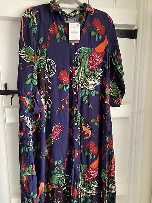 BNWT ZARA PURPLE FLORAL PEACOCK BIRD VISCOSE  SHIRT DRESS Size Medium • £24.99