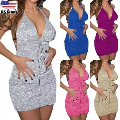 $15.99 • Buy Sexy Womens Sequin Mini Dress Bodycon Deep V Neck Party Club Cocktail Mini Dress