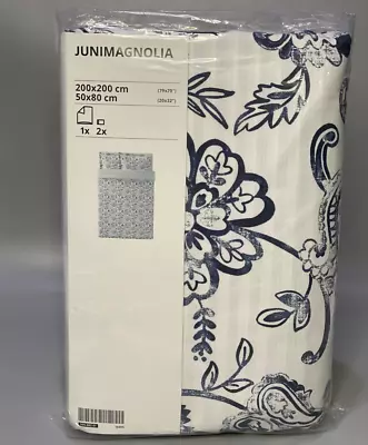 Ikea Junimagnolia Double Duvet Cover Set 2 Pillowcases 200 X 200 Cm Blue White • £43.99