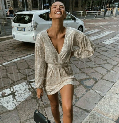 $90 • Buy Zara Silver Sequin Wrap Mini Dress Small Bloggers Favorite