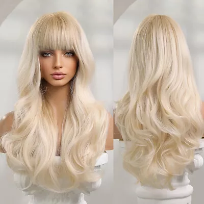 Element Platinum Blonde Hair Wigs With Bangs Women's Long Wavy Full Hair Wigs • $18.89