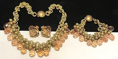 Miriam Haskell Set Gilt Pink Glass Vtg Necklace Bracelet Earrings Unsigned A54 • $698
