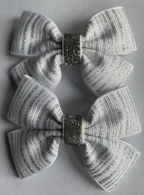 2 Lovely Girls White And Silver Handmade Ribbon Hair Bows /Clasps / Clips • £3.99