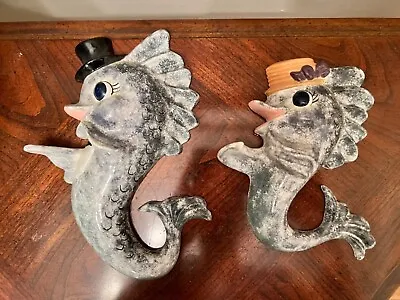 Vintage 2pc Anthropomorphic Seahorse Fish Wall Plaques Top Hat  Accents • $30