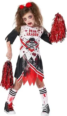 Girls Zombie Cheerleader Costume Pom Poms Kids Fearleader Halloween Fancy Dress • £15.99