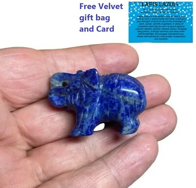 Lapis Lazuli Elephant Hand Carved Ornament Healing Chakra + Card + Bag • £7.39