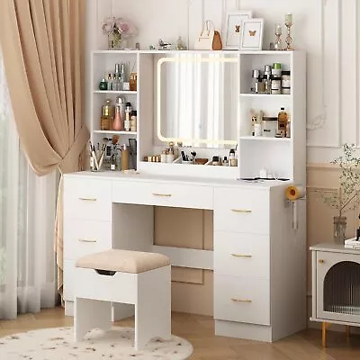 47  Large LED Make Up Vanity Desk With Lighted Mirror Stool And Power Outlet • $293.54