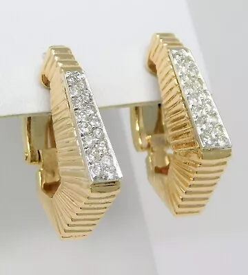 14kt Yellow Gold Pair Of Diamond Ribbed Geometric Hoop Omega Back Earrings B4014 • $1376