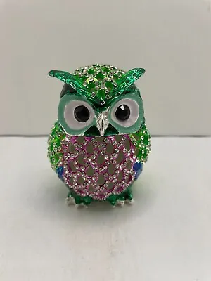 Owl Green Hand Painted Bejeweled Hinged Trinket Jewelry Box • $18